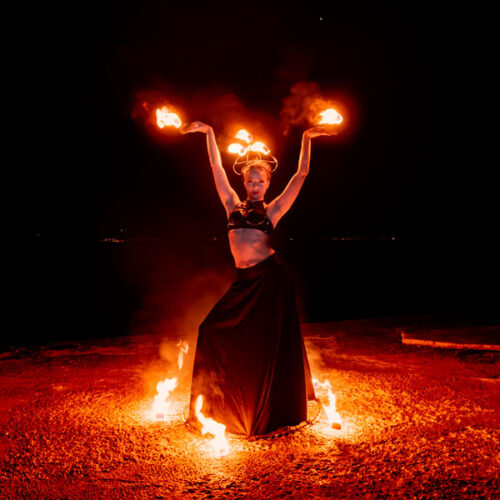 Princess hestia with fire crown, fire sirt, candles and fire umbrella