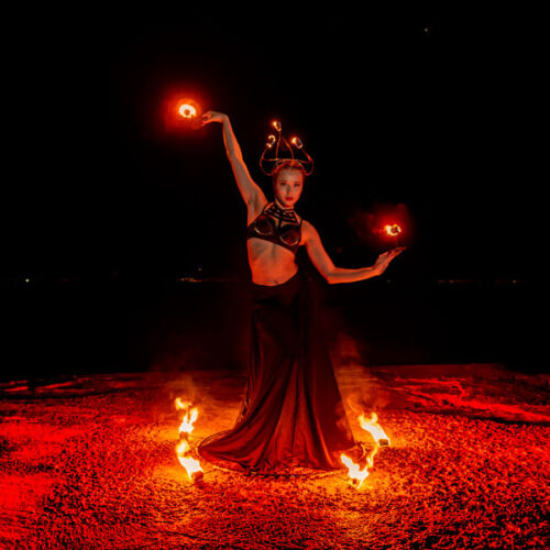 Princess hestia with fire crown, fire sirt, candles and fire umbrella