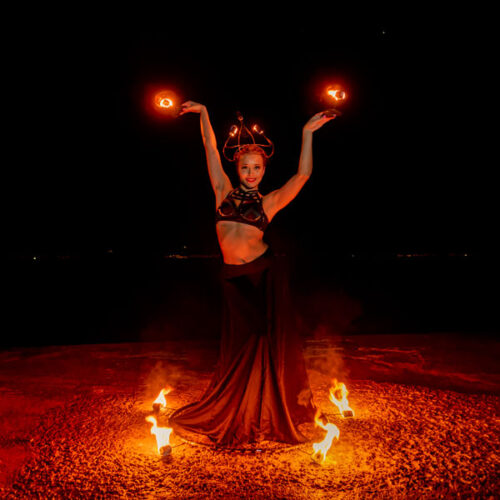 Princess hestia with fire crown, fire sirt, candles and fire umbrella