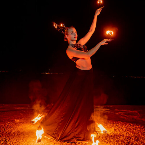 Princess hestia with fire crown, fire sirt, candles and fire umbrella