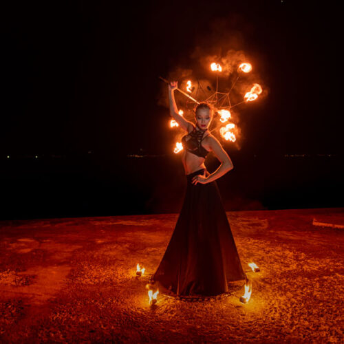 Princess hestia with fire crown, fire sirt, candles and fire umbrella