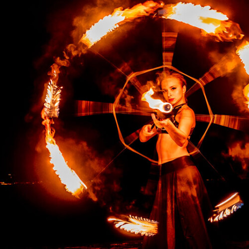 Princess hestia with fire crown, fire sirt, candles and fire umbrella