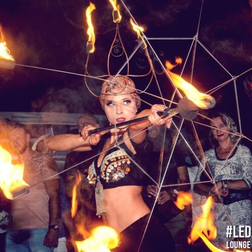 Princess hestia with fire crown, fire sirt, candles and fire umbrella