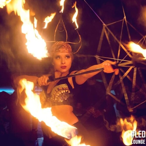 Princess hestia with fire crown, fire sirt, candles and fire umbrella